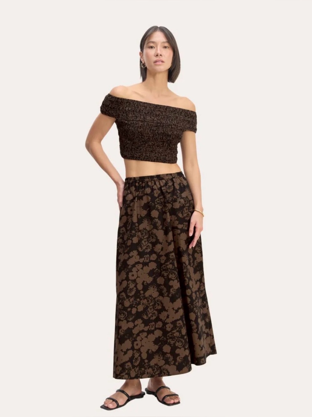 NWT Everlane The Supima® Pull-On Maxi Skirt Black / Cocoa Floral A-line Large